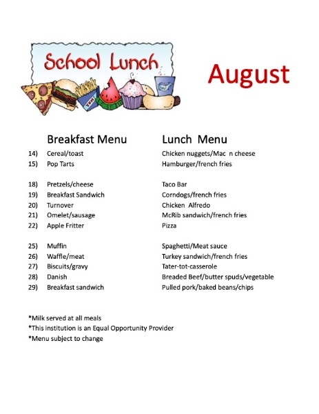 Howells-Dodge Consolidated - August Breakfast/Lunch Menu